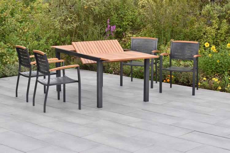 Tinos Gartenmöbelset 5tlg., Stapelsessel, Ausziehtisch 150 (200) x 90 cm