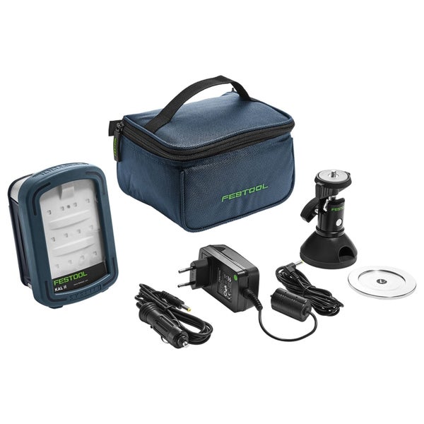 Festool Arbeitsleuchte SYSLITE KAL II Set mit gepolsterter Tasche, Magnethalterung, Netzladegerät und Auto-Ladeadapter.