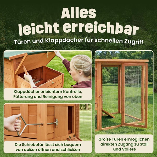 Kleintierstall aus Holz mit Klappdächern, Schiebetür und großen Gittertüren für einfachen Zugang zur Reinigung und Fütterung.
