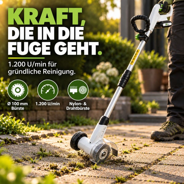 Akku Fugenreiniger Set mit 20 Volt Akku, Ladegerät, Nylonbürste und Drahtbürste zur Reinigung von Pflasterfugen auf Terrasse und Einfahrt.