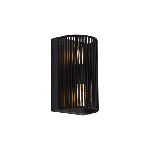 Moderne Wandleuchte aus Metall mit Seilbespannung als Lichtabdeckung.