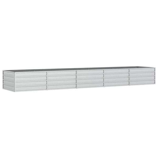 Langes, rechteckiges Hochbeet aus verzinktem Stahl mit horizontaler Struktur.