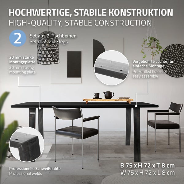 ML-Design 2er Set Tischbeine Loft 75x72 cm, Industrial, Profil 8x2cm, aus Stahl, Industriedesign, U-Form, Metall Tischgestell scandic, Tischkufen Tischuntergestell Möbelfüße, für Esstisch/Schreibtisch