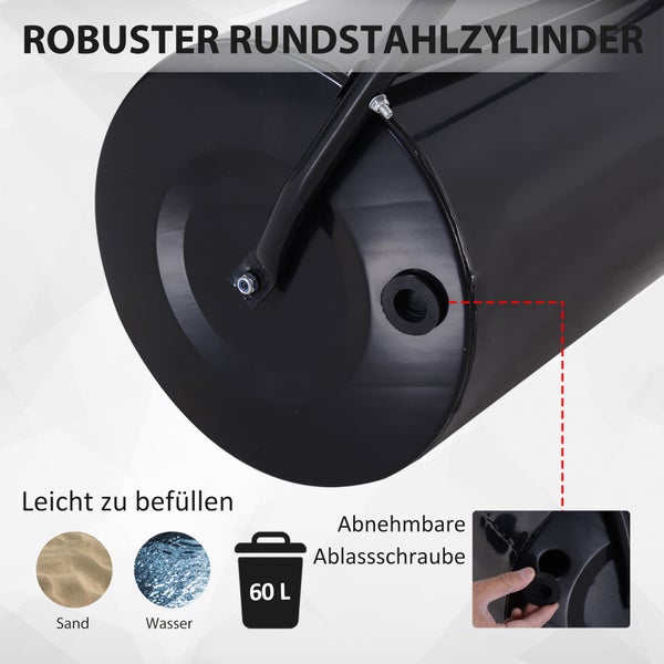 Robuste Gartenwalze aus Stahl mit 60 Liter Fassungsvermögen, befüllbar mit Sand oder Wasser, inklusive abnehmbarem Verschlussstopfen.