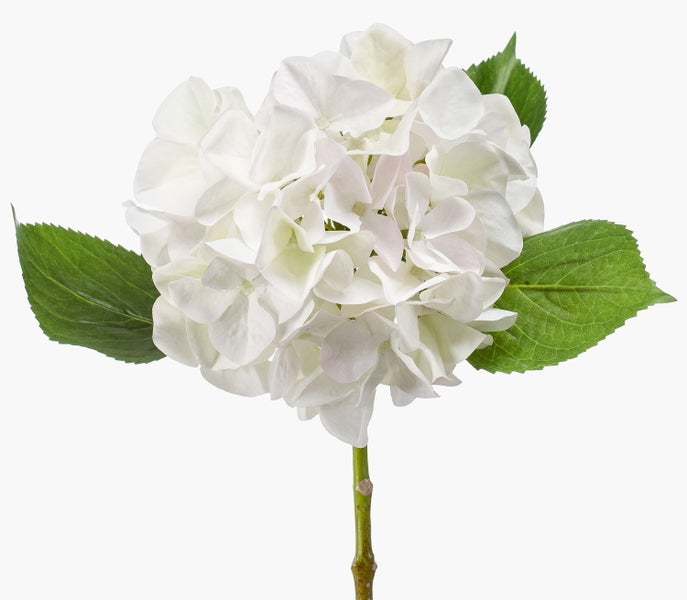 Weiße Kunstblume Hortensie mit grünen Blättern und Stiel.