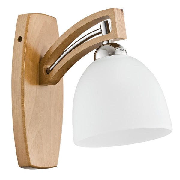 Wandleuchte mit Holzelementen und gewölbtem Glasschirm, E27 Fassung für Innenräume.