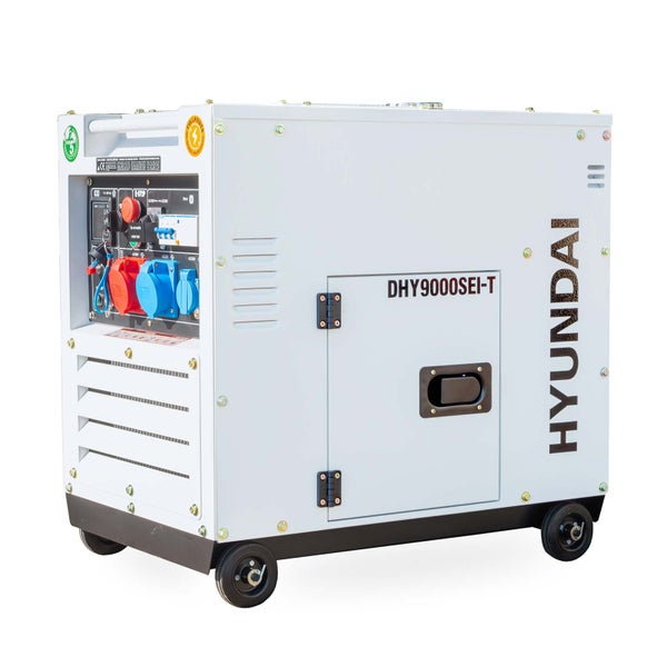 Hyundai Stromerzeuger DHY9000SEI-T als mobiler Inverter Generator mit Rollen und Anschlüssen für den professionellen Einsatz.