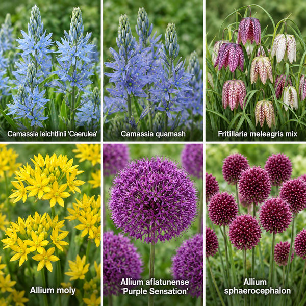 Blumenzwiebel Mix mit Camassia, Fritillaria meleagris, Allium moly, Allium aflatunense Purple Sensation und Allium sphaerocephalon im Garten