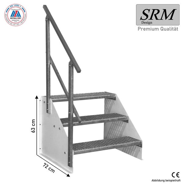 SRM Design Logo, Außentreppe aus verzinktem Stahl mit 3 Gitterroststufen und Geländer, Höhe 63 Zentimeter, Ausladung 72 Zentimeter, CE-Kennzeichnung.