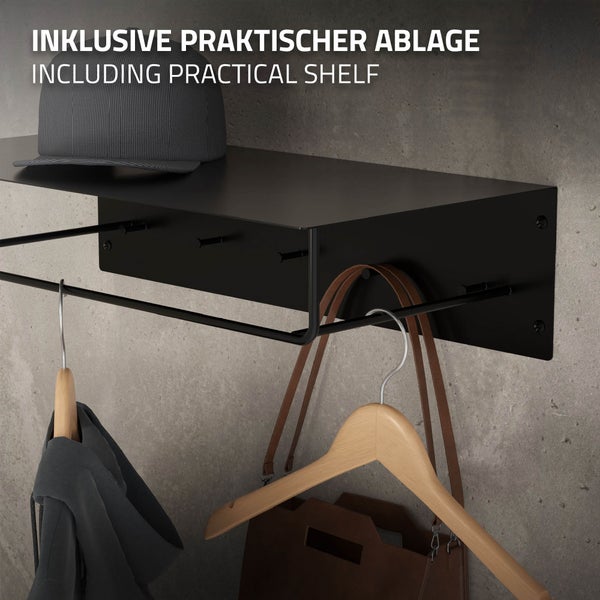 ML-Design 4er Set Wandgarderobe mit Hakenleiste, Kleiderstange & Hutablage, 60x30x15 cm, Schwarz, Metall Flurgarderobe für Jacken & Mäntel, Garderobe, Wandmontage, Garderobenpaneel hängend für Eingang