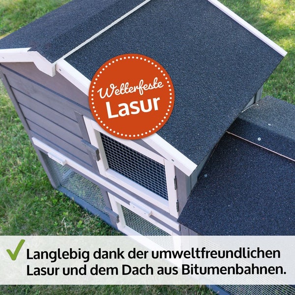 Kleintierstall aus Holz mit wetterfester, umweltfreundlicher Lasur und einem Dach aus Bitumenbahnen für hohe Langlebigkeit.