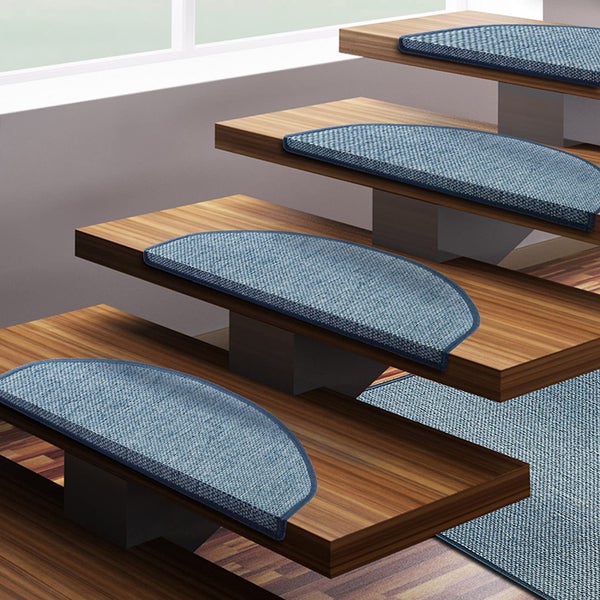 FLOORDIREKT Stufenmatte Sabang - Sisaloptik - Gekettelter Rand & Selbstklebend - Blau - 23,5 x 65 cm - Halbrund