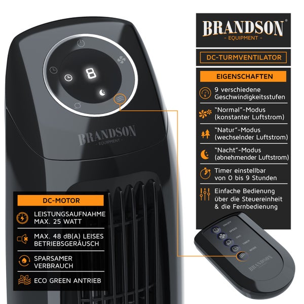 Brandson Turmventilator mit Timer, Silent ECO Green, DC Standventilor mit Fernbedienung, Säulenventilator inkl. Oszillation, Ventilator, sehr leise