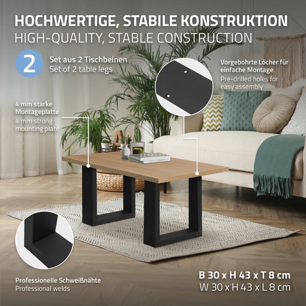 ECD Germany 2er Set Tischbeine 30x43 cm, Schwarz, Stahl pulverbeschichtet, Industriedesign, Vierkantprofil, Metall Tischkufen Tischuntergestell Tischgestell Möbelfüße Bankkufen Bankgestell Bankbeine