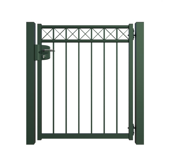 Gartentür aus Metall mit geraden Stäben und Schloss