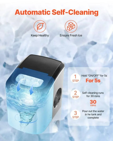 Eiswürfelmaschine mit automatischer Selbstreinigungsfunktion, Illustration des Reinigungsvorgangs im Wassertank und Erklärung der drei Schritte.