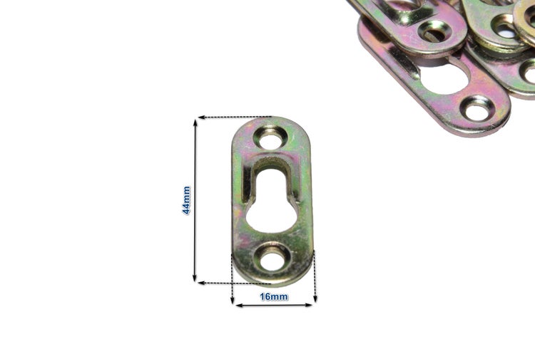 Spiegelhalterung aus Metall in ovaler Form mit 44 Millimeter Länge und 16 Millimeter Breite inklusive Maßangaben.