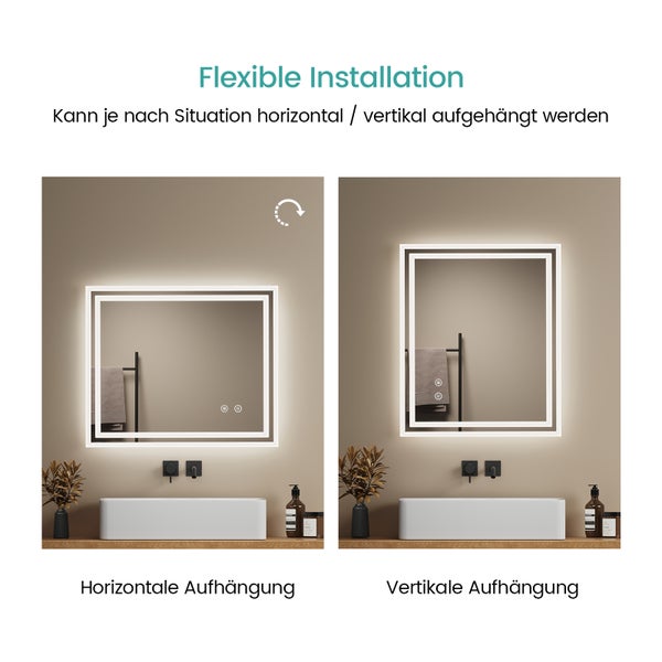EMKE Badspiegel mit LED-Beleuchtung 60 x 50 cm, Kaltweiß 6500K, Touchschalter & Beschlagfrei, dimmbar, IP44, für Bad