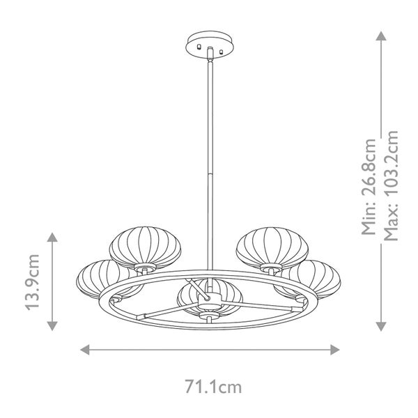 Technische Zeichnung einer Pendelleuchte mit Abmessungen: Höhe minimal 26.8 cm, maximal 103.2 cm, Durchmesser 71.1 cm, Lampenhöhe 13.9 cm