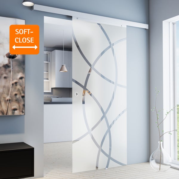 Tür Komplettset Schiebetür Glas Kreise 1025 x 2200 Zimmertür Glasschiebetür Schiebetürsystem -  Griffmuschel+2seitiger Softclose