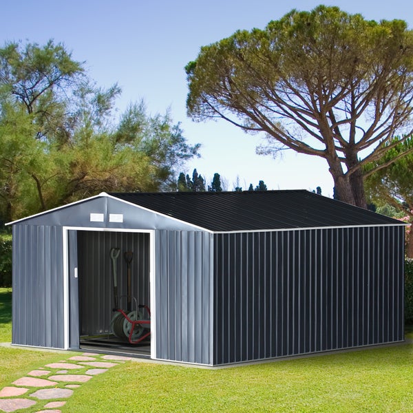 Outsunny Gerätehaus mit Bodenplatte, Gartenhaus, 20m³, 340 x 386 x 200 cm, Stahl, Kohlegrau