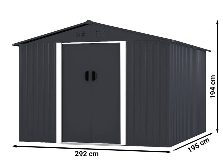 Metallgerätehaus mit Satteldach und Doppelschiebetüren, Abmessungen 292 mal 195 mal 194 Zentimeter.