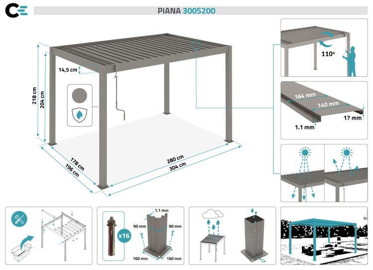 Pergola bioklimatisch aus Aluminium PIANA 297 x 195 x 218 cm selbsttragende - mit isolierten  verstellbares Lamellendach, taupefarbenem