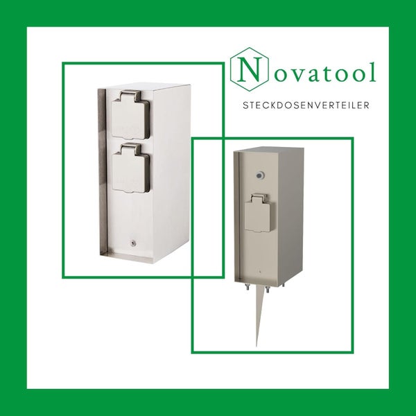Novatool Logo, Steckdosenverteiler aus Edelstahl, Modell mit zwei Steckdosen und Modell mit Erdspieß und einer Steckdose.