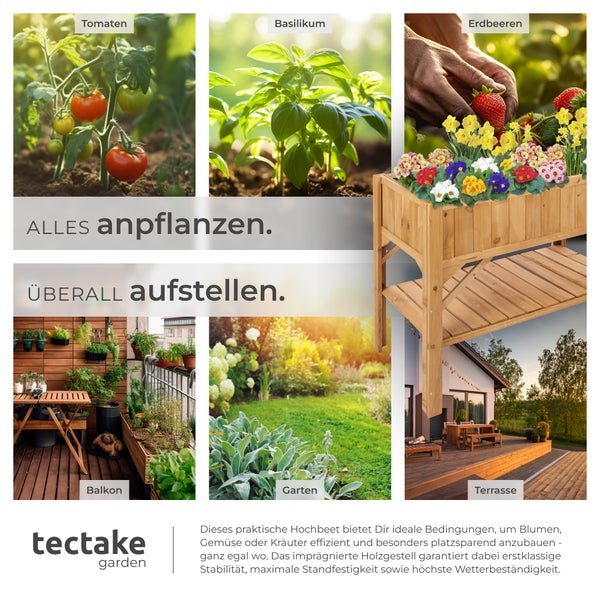 Hochbeet Anwendungsbeispiele: Tomaten, Basilikum, Erdbeeren, Balkon, Garten und Terrasse.