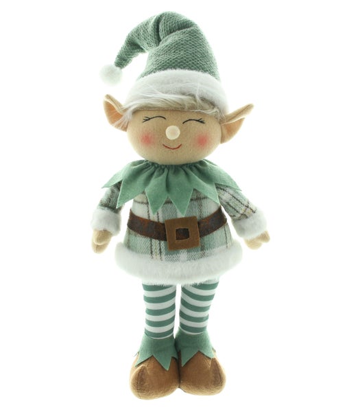 Dekorative Weihnachts-Wichtelfigur aus Stoff mit kariertem Outfit und passender Mütze für die festliche Tischdekoration.