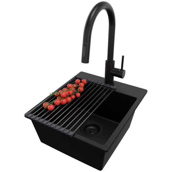 PRIMAGRAN Granitspüle Alles Schwarz 38x44cm, Spülbecken 1 Becken + Küchenarmatur 40x20cm + Ablauf-Set + Aufrollbare Abtropffläche, Küchenspüle ab 40er Unterschrank - Riga Easy