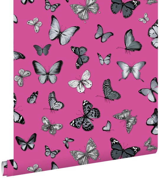 ESTAhome Tapete Schmetterlinge Schwarz und Rosa - 53 cm x 10.05 m - 138511