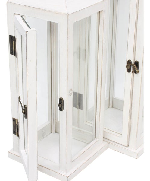 Zwei quadratische Holzlaternen mit Glasfenstern und Metallbeschlägen zum Öffnen