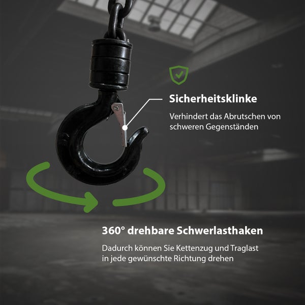 Schwerlasthaken mit Sicherheitsklinke und 360 Grad Drehfunktion für Kettenzug zum sicheren Heben und Drehen von Lasten.
