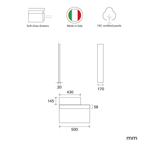 Technische Zeichnung mit Maßangaben und Symbolen für Soft-Close-Auszüge, Herkunft Italien und FSC-zertifizierte Holzwerkstoffe.