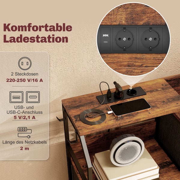 Komfortable Ladestation mit Steckdosen und USB-Anschlüssen auf einem Holztisch mit Telefon und Lautsprecher
