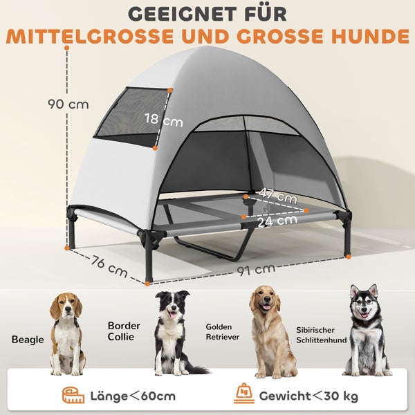 Graues Hundebett mit Baldachin und Maßangaben, geeignet für mittelgroße und große Hunde