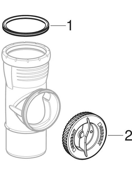 Technische Zeichnung eines Geberit T-Stücks für Abflussrohre mit Dichtungsring und Verschlusskappe. Geberit Logo.
