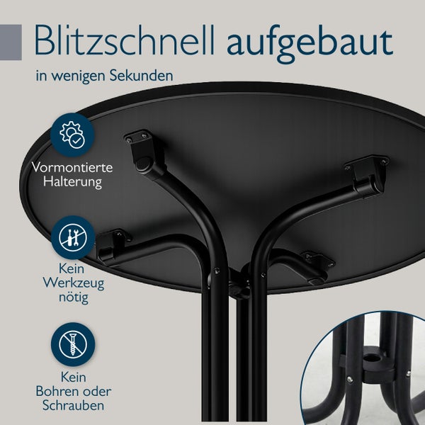 Unterseite eines runden schwarzen Tisches mit vormontierter Halterung für schnellen Aufbau ohne Werkzeug, Bohren oder Schrauben.