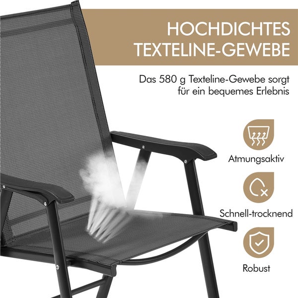 Hochdichtes Texteline-Gewebe eines Gartenstuhls mit den Eigenschaften atmungsaktiv, schnelltrocknend und robust.