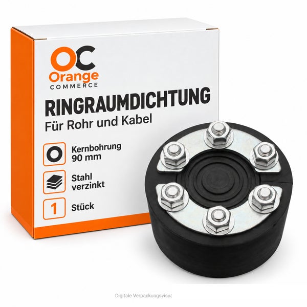 Orange Commerce Ringraumdichtung für Rohr und Kabel mit 90 Millimeter Kernbohrung aus verzinktem Stahl in Verpackung.