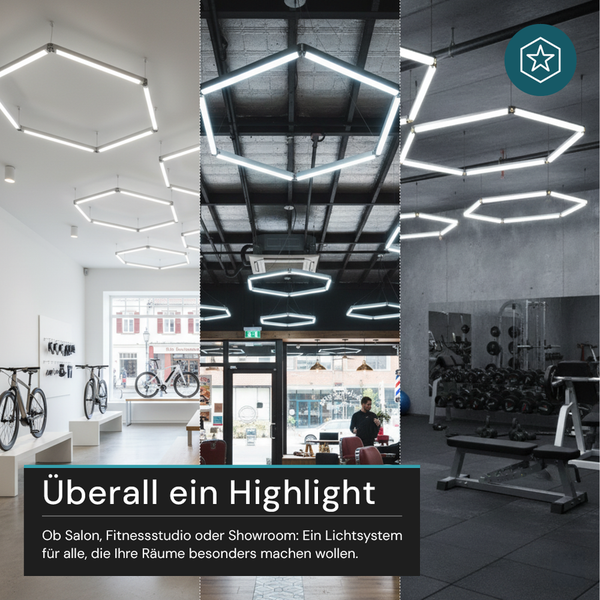 Lichtsystem mit sechseckigen Leuchten in Salon, Fitnessstudio und Ausstellungsraum