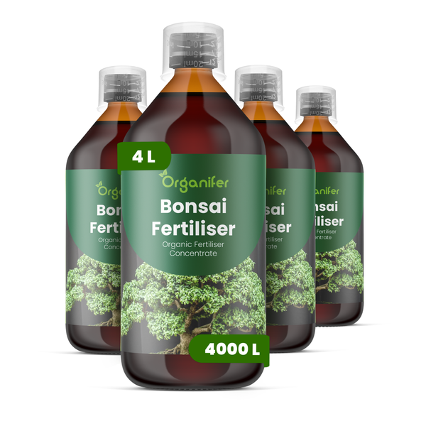 Vier Flaschen Organifer Bonsai Dünger, organisches Düngerkonzentrat, ausreichend für 4000 Liter Gießwasser, Gesamtmenge 4 Liter.