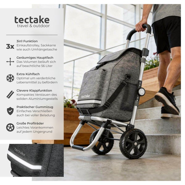 tectake Logo. Grauer Einkaufstrolley mit Aluminiumgestell und Profilrädern auf einer Treppe. Drei in eins Funktion, 56 Liter Volumen und Kühltasche.