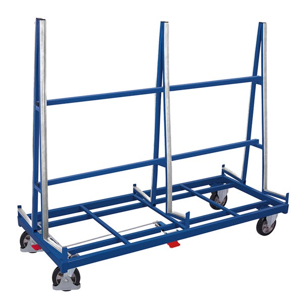 Mobiler Plattenwagen aus blauem Stahl mit vier Rollen für den Transport von Platten und Glas.