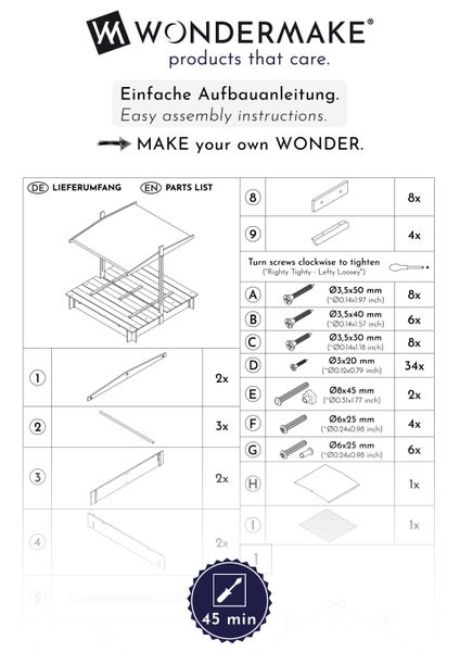 Lieferumfang und Montageanleitung für Wondermake Sandkasten mit Dach, inklusive Holzteilen, Schrauben und Aufbauzeit von circa 45 Minuten.