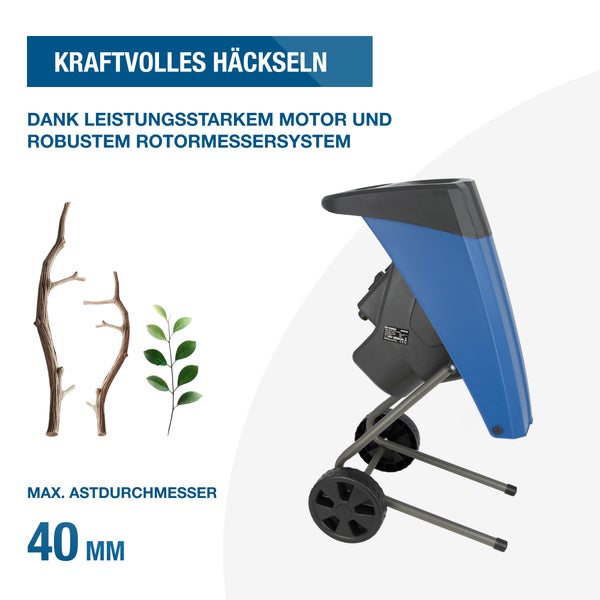 HYUNDAI Elektro-Gartenhäcksler GH25040E (2.500W, 40 mm Aststärke, Fangsack, Messerhäcksler)