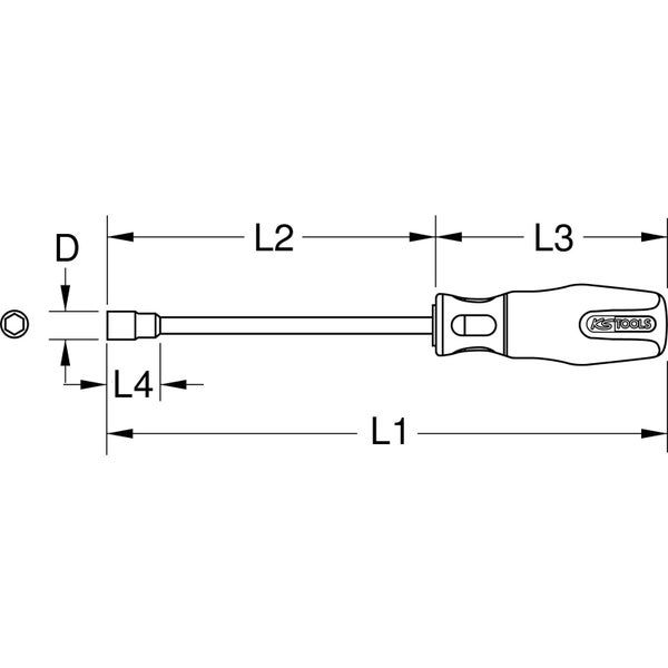 Technische Zeichnung eines Schraubendrehers mit den Maßen D, L1, L2, L3 und L4. KS Tools Logo