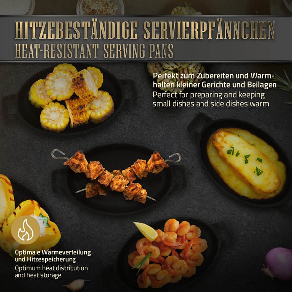 BBQ#BOSS 6er Set Servierpfännchen aus Gusseisen, Grillpfännchen oval 22x12 cm, bereits eingebrannt, antihaftbeschichtet, Gusspfännchen mit Tragegriffe, Grillpfannen Pfännchen Servierpfanne Pfannenset