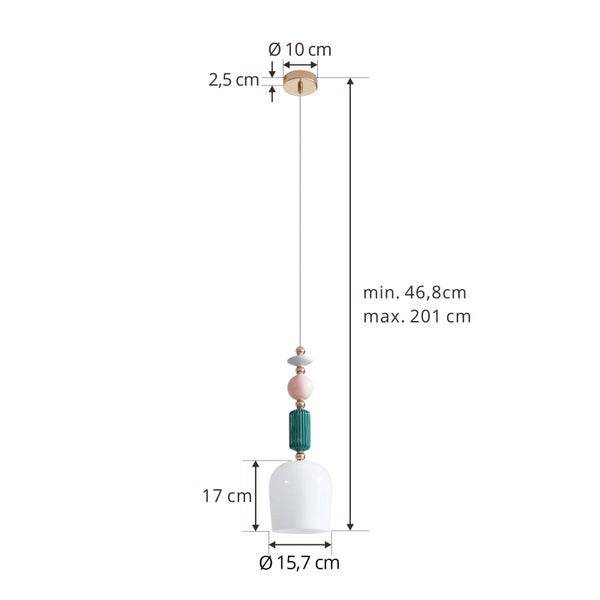 Maße Pendelleuchte: Schirm Durchmesser 15,7, Höhe 17 Zentimeter. Baldachin Durchmesser 10 Zentimeter. Gesamthöhe 46,8 bis 201 Zentimeter.